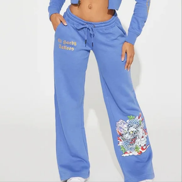 NWT Ed Hardy Old School 90s Blue Bootcut Sweatpants with Tattoo Dragon Design L - Picture 2 of 9